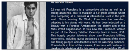 Reigning Mister World 2013, Francisco Escobar from Colombia