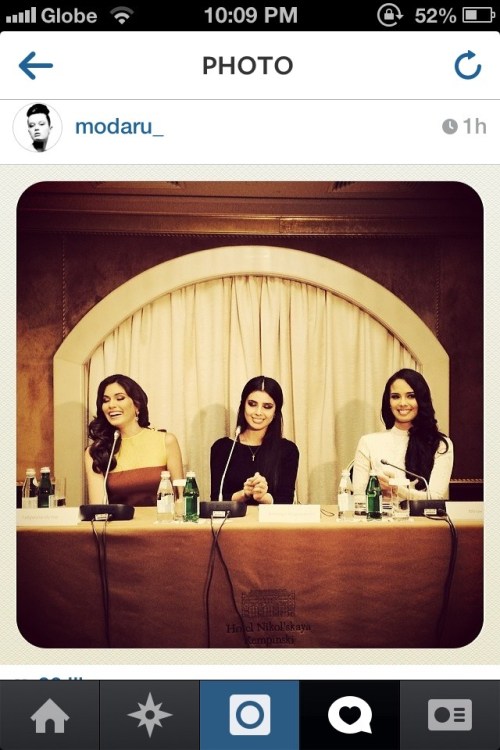 during a press conference, the reigning Miss Universe Gabriela Isler, Miss Russia 2013 Elmira Abdrazakova and Miss World 2013 Megan Young via missosology